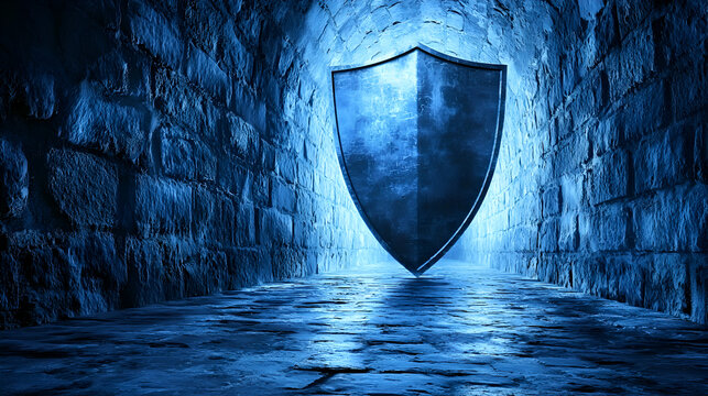 Mystical Stone Castle Tunnel with Glowing Blue Light and Heroic Silhouette