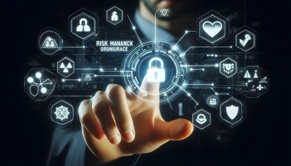 Hand interacting with futuristic digital icons representing risk management and safety on a dark background.