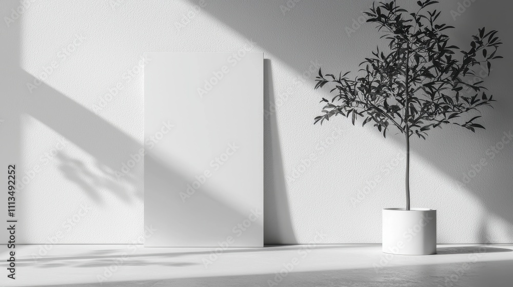 Poster minimalistic clean background mockup template with tree and shadow for modern design projects