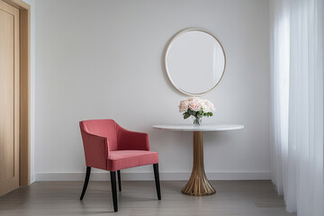 Elegant interior design with a pink chair and round table featuring flowers in a modern room