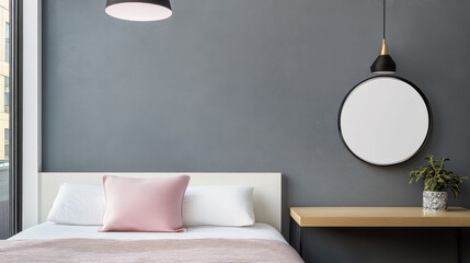 Modern bedroom with minimalist design featuring a bed and stylish decor