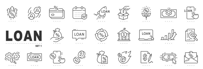 Set of loan related line icons. Mortgage, credit, debt, tax etc. Editable stroke.