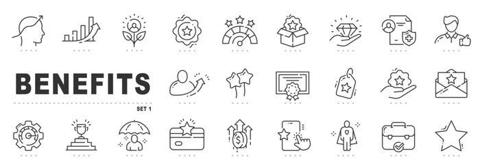 Set of soft benefits line icons. Reward, bonus, badge, award, star etc. Editable stroke.