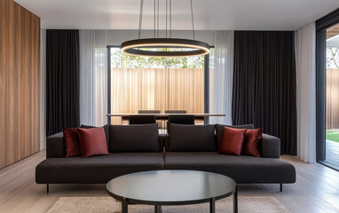 Stylish modern living room with dual-purpose space and elegant decor in bright natural light