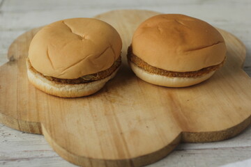 burger on wooden table