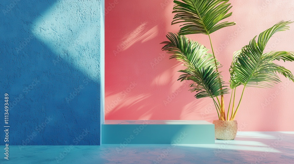 Poster minimalistic background with palette of soft colors and greenery for visual mockup display