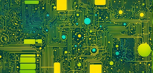 abstract wallpaper illustration, symbolic for artificial intelligence, lines, dots and pattern, vibrant yellow green and blue hues