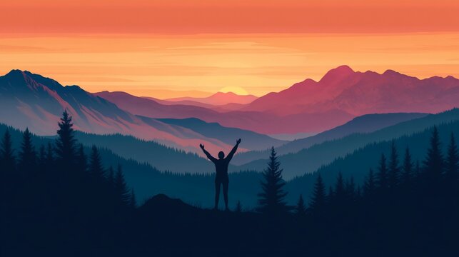 Silhouetted man stands on mountaintop at vibrant sunset over valley.