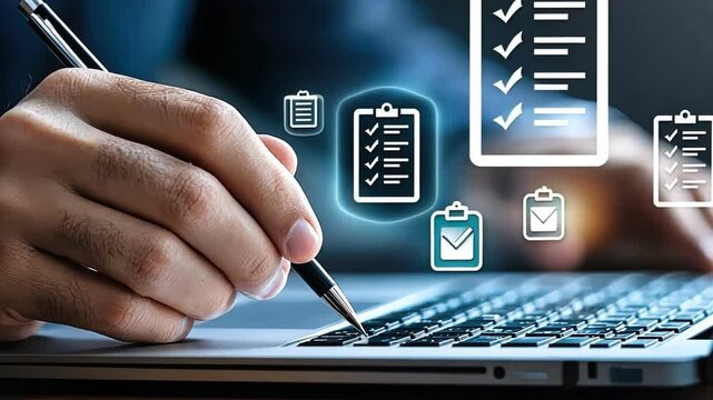 A professional hand writing on a laptop with checklists displayed, symbolizing productivity and task management in the workplace.