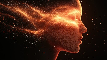 Ethereal Portrait of a Woman with Flowing Energy and Particles Illustrating a Dreamy and Mystical Concept in a Dark Background