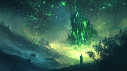 Obraz premium A mystical landscape featuring a towering, glowing structure amidst a starry sky.