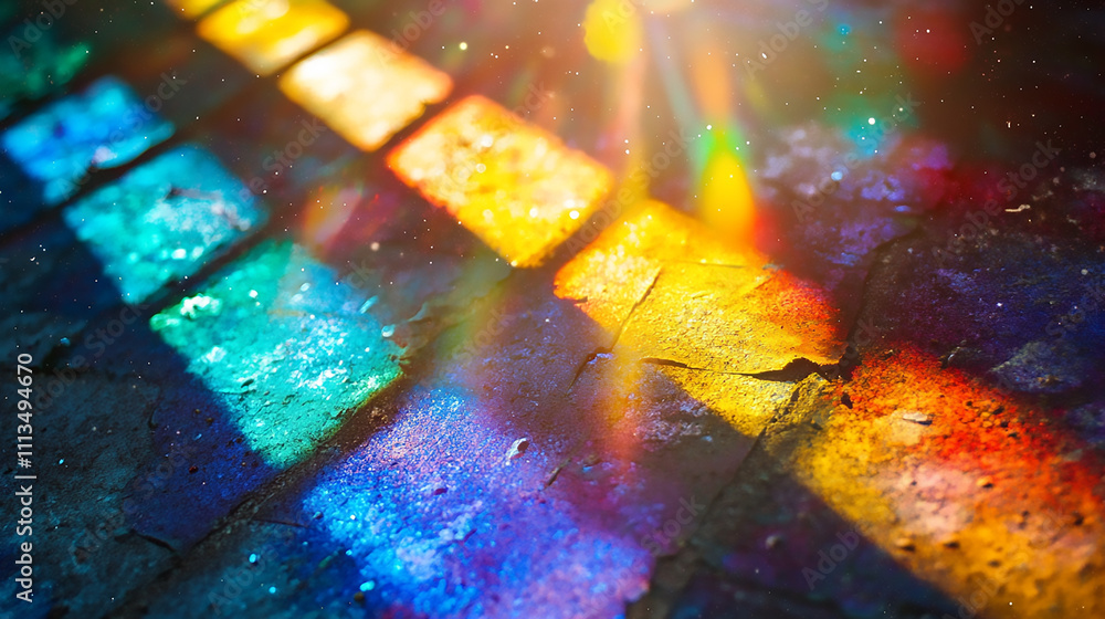 Poster abstract representation of colorful light patterns and reflections, showcasing vibrant colors and fl