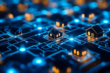 Obraz premium A digital representation of smart homes interconnected through a network.
