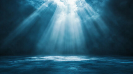 Fototapeta premium Dimly lit stage background, a bright spotlight, white text fading spotlight on stage, spotlight, stage lighting, empty stage, background with rays, abstract light background