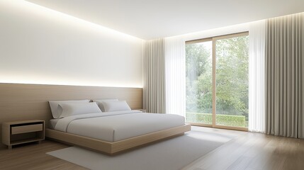 Fototapeta premium Modern minimalist bedroom interior featuring natural lighting and large windows with a serene view, highlighting simplicity and tranquility in a contemporary design