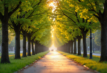 Obraz premium Row of Trees with Fresh Green Leaves Along a Path in a Park