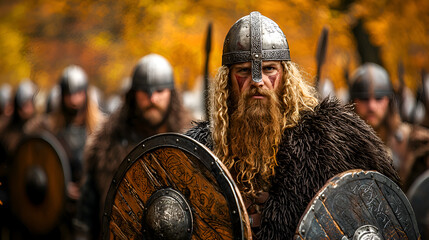 Fierce Viking Warriors in Armor Battling in an Autumn Forest Landscape