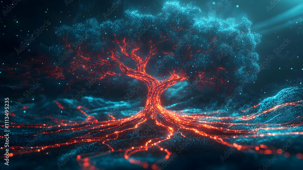 Poster a glowing tree with vibrant roots, set in a mystical landscape.