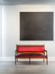 Elegant red bench in modern interior with minimalistic black artwork on wall
