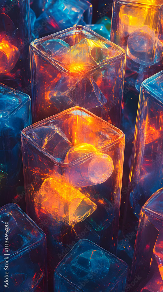 Poster abstract composition of illuminated, translucent cubes with colorful reflections and textures.