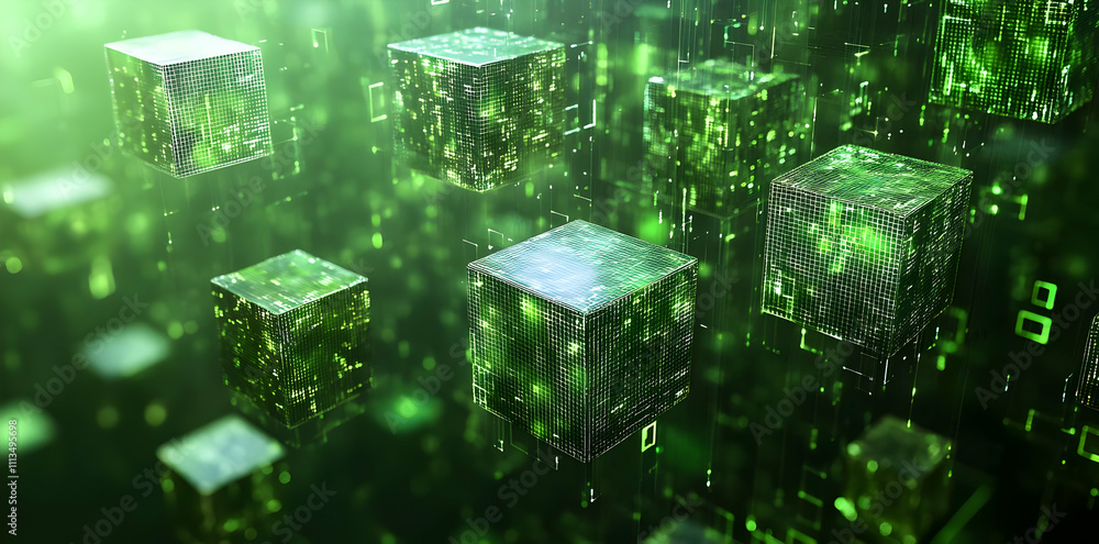 Poster Abstract digital cubes with green data streams, representing technology and information flow.