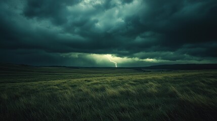 Fototapeta premium A dark stormy sky with a hint of distant thunder, as lightning flashes in the far horizon over an open field.