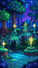 Obraz premium Enchanted forest at night pixel art background. 8-bit game assets