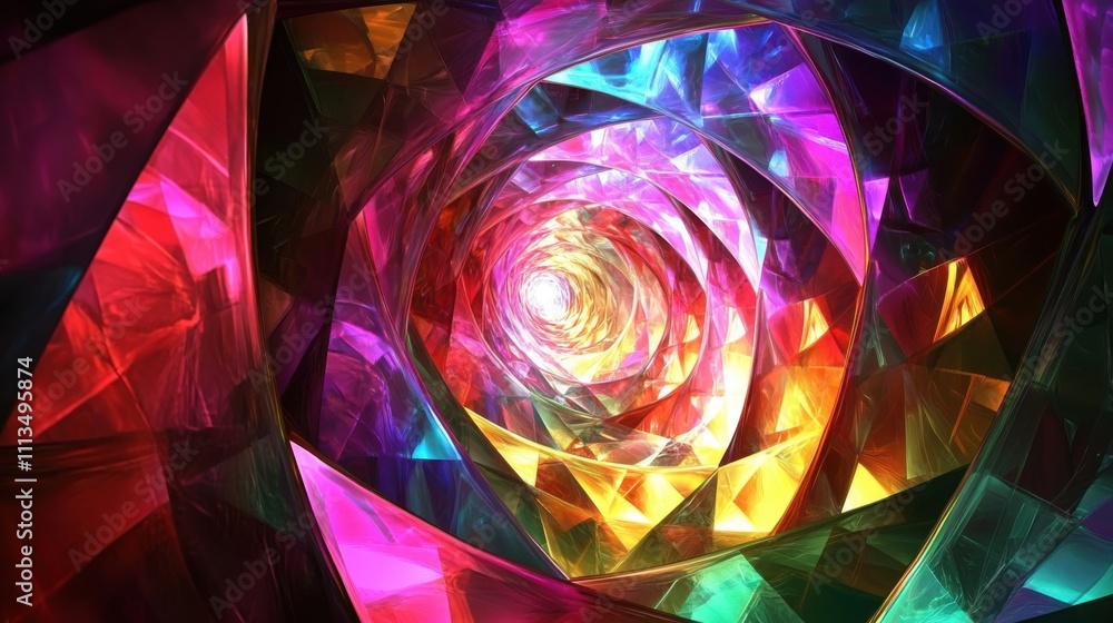 Poster colorful abstract spiral tunnel with vibrant light effects, creative digital artwork representing de