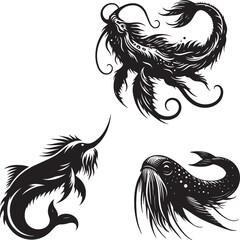 Fototapeta premium Sea monsters black and white silhouette in a vector farm 