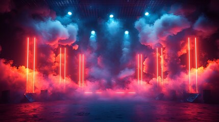 Obraz premium Futuristic Festival Stage with Neon Speakers and Holographic Visuals for Surreal Concert Experience