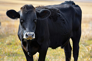 A close up view of a Black Baldy cow grazing in a sunny pasture during the afternoon