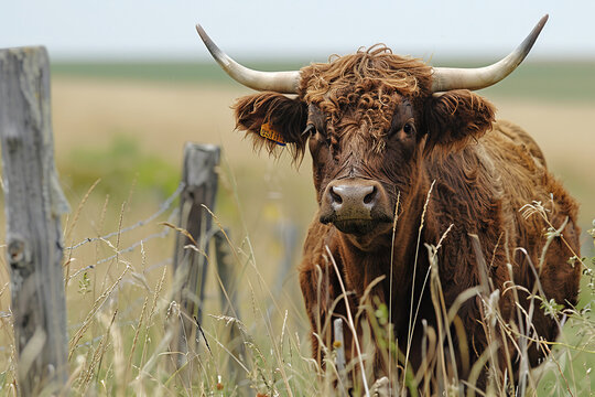 Beefalo cow grazing in a sunlit field with grass and wooden fence in the background