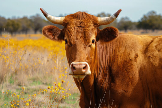 Bos taurus retinta cow grazing peacefully in a vibrant flower filled field on a sunny day