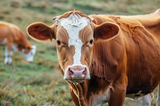 A close up of a Braford cow grazing in a lush field under a clear blue sky