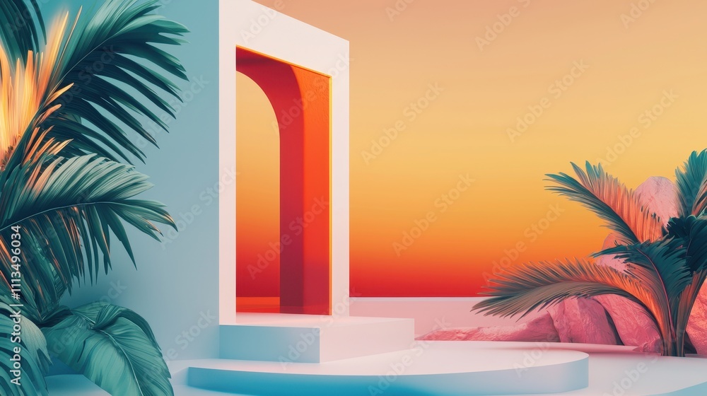 Aufkleber minimalistic digital mockup showcasing creative smooth architectural elements and tropical vibes