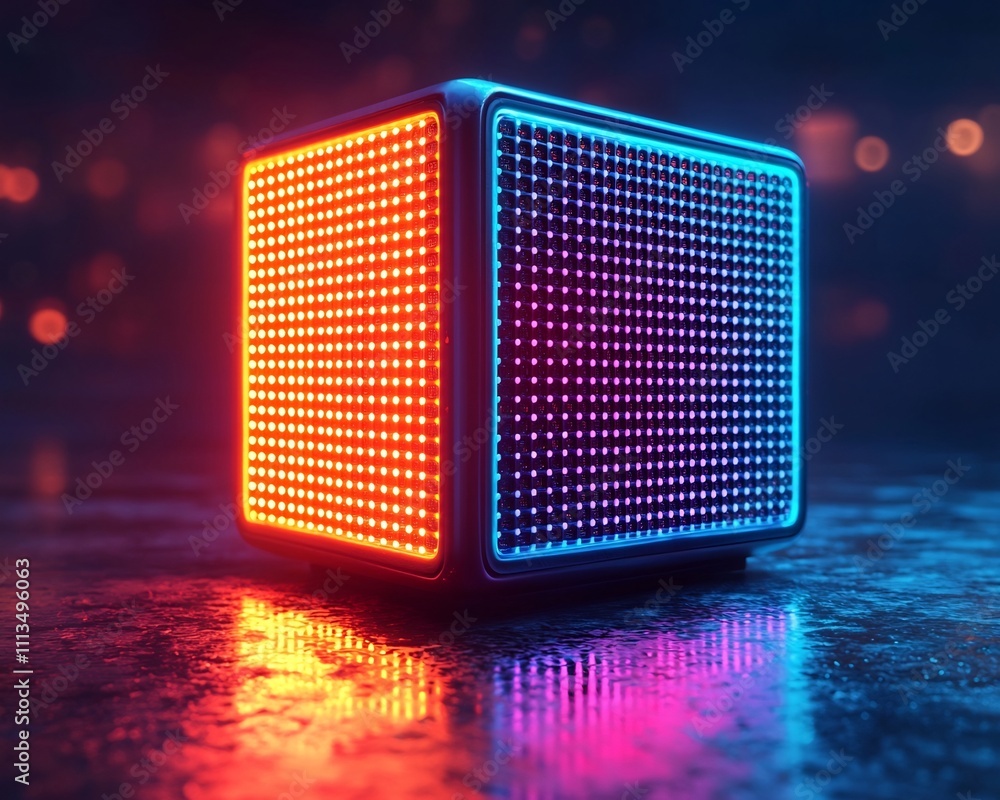 Poster futuristic neon cube speaker projecting colorful geometric sound waves in digital art