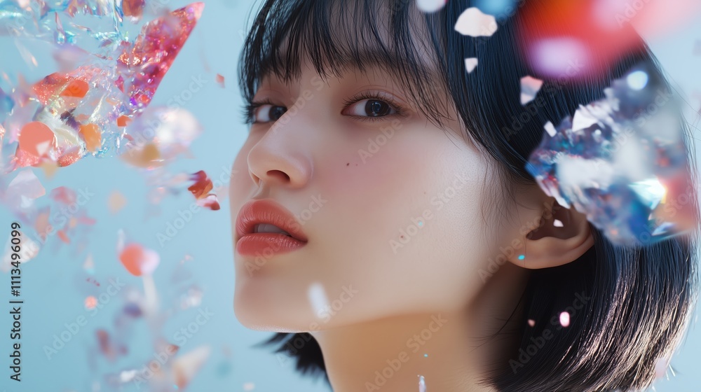 Aufkleber young woman with soft features surrounded by colorful shards creating a visually striking compositio