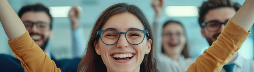 A joyful group of people celebrates together, radiating positivity and teamwork in a bright office environment.