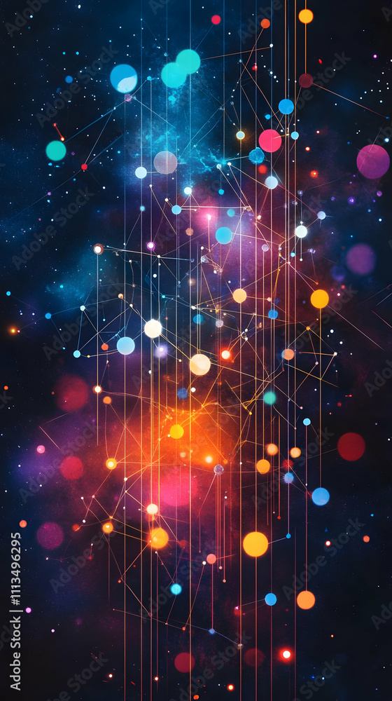 Poster A vibrant abstract design featuring colorful dots and geometric lines in a cosmic background.