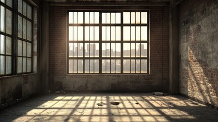 Sunlit abandoned industrial room with large window showing cityscape.
