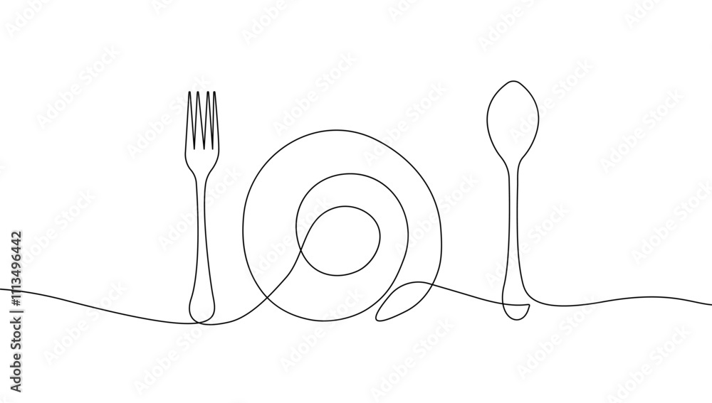 Poster tableware fork, plate, knife in continuous one line style. one line drawing of silverware vector ill