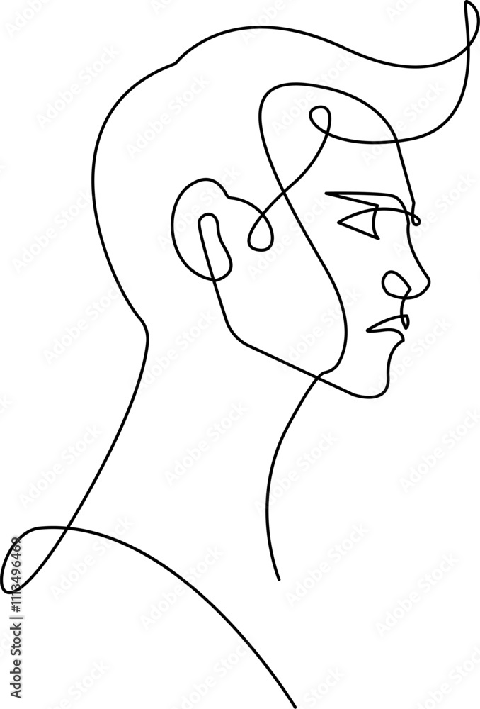 Poster single continuous line drawing of handsome male profile. simple modern linear drawing of man portrai