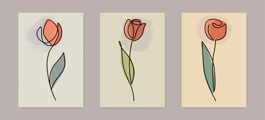 Vector Hand Drawn Continuous One Line Drawing of Tulip Flowers Set. Minimalist Trendy Contemporary One Line Floral Design for Wall Art, Prints, Social Media, Posters, Invitations, Branding Design.	