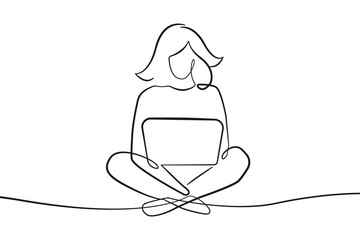 Woman Working with Laptop Vector Modern One Line Drawing. Woman with Laptop One Line Art. Continuous Line Simple Illustration of Working Concept.