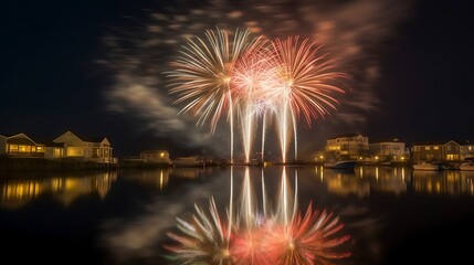 Fototapeta premium Fireworks Display Over Waterside Homes At Night