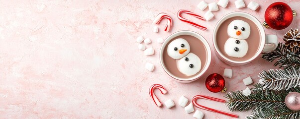 Christmas drink marshmallow snowman concept. Warm cocoa with marshmallow snowmen, festive decorations, and candy canes on a pink background.