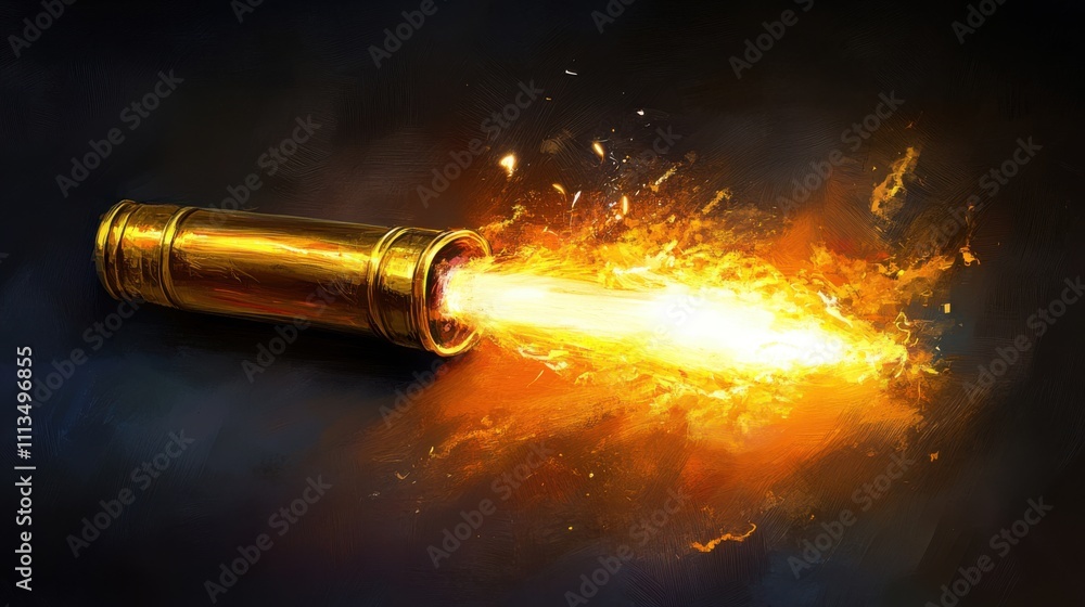 Poster dynamic explosion of flames emanating from an artistic golden tube creating a vivid and powerful vis