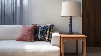 Cozy living room with modern decor in a sunlit space featuring a textured sofa and lamp