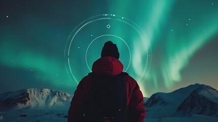 Obraz premium A person gazes at the northern lights, surrounded by mountains and a starry sky.