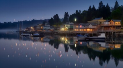 Fototapeta premium Nighttime Village Waterfront Illumination Lights Reflecting Water